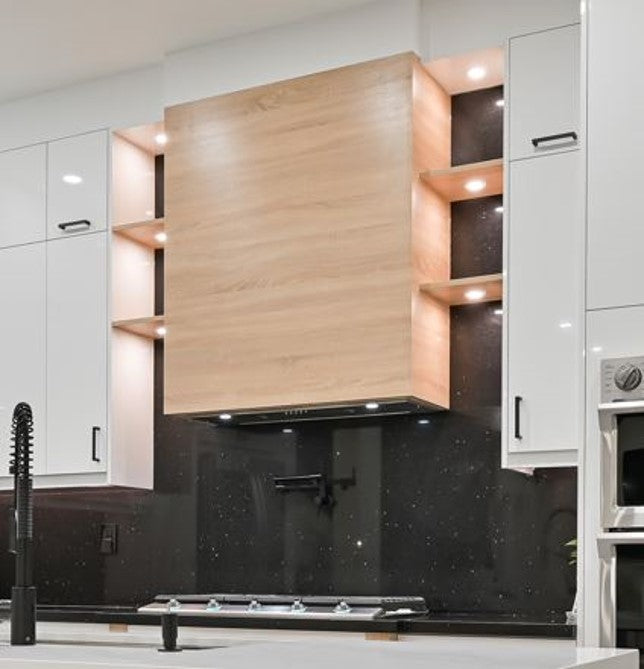 Custom Wood Veneer Canopy with Integrated Lighting