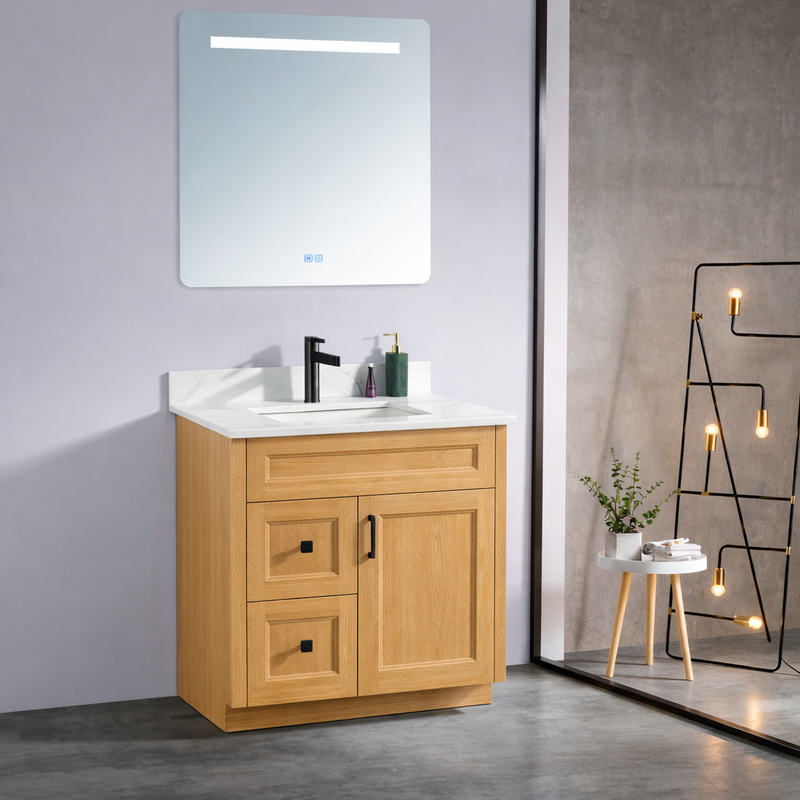 30"Aurora Oak Vanity Freestanding MDF Vanity- 1 Door & 2 Drawer (Left side)