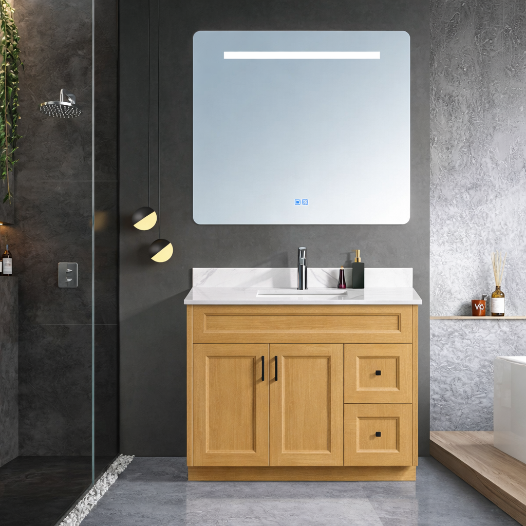 42" Aurora Oak Vanity Freestanding MDF Vanity- 1 Door & 2 Drawer (Right side Drawers)