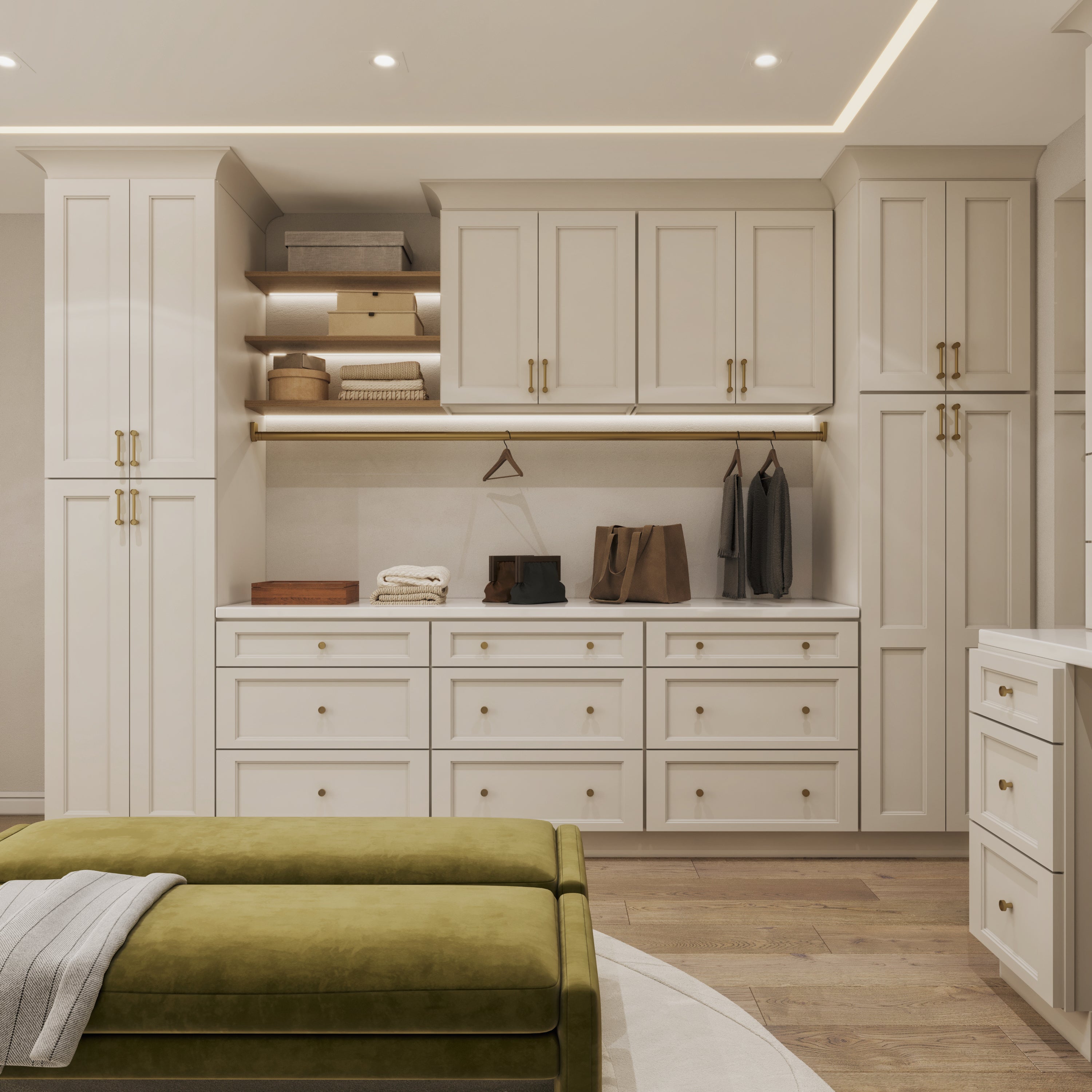 Minimalist modern bedroom featuring a green bed, white wardrobe, and clean interior décor crafted by RTA & RTI Cabinets.