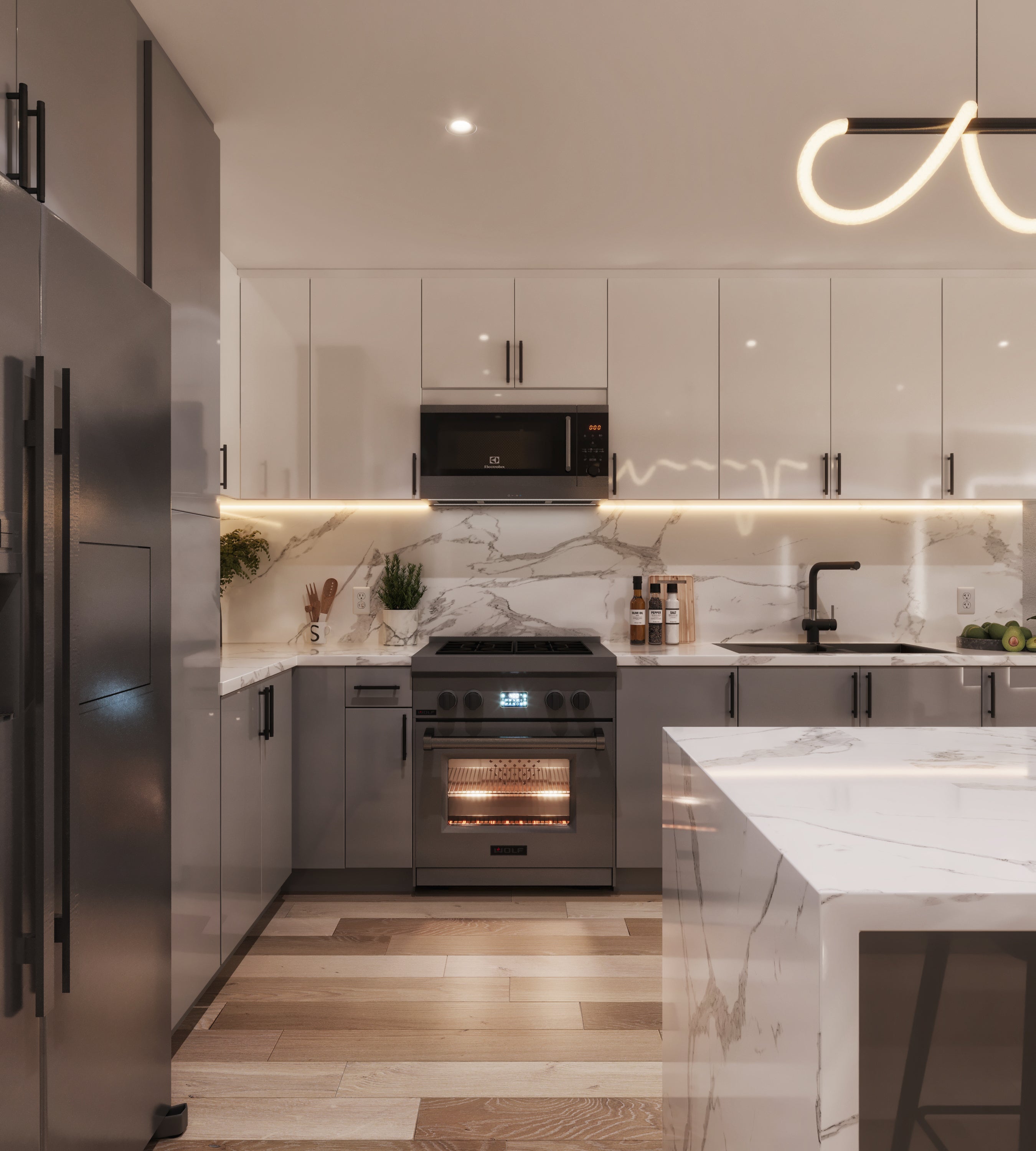 Modern kitchen with stainless steel appliances and marble countertops by RTA & RTI Cabinets — premium RTA and RTI kitchen cabinetry.